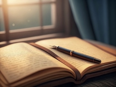 An open journal filled with handwriting, a fountain pen resting across the page.