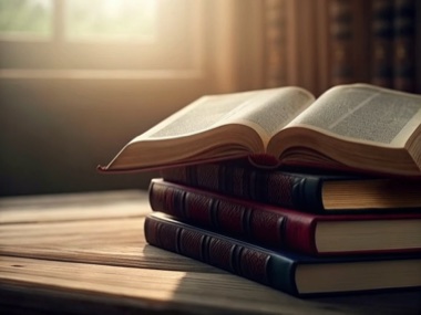 Several Bibles in different bindings stacked on a table, the top one lying open.